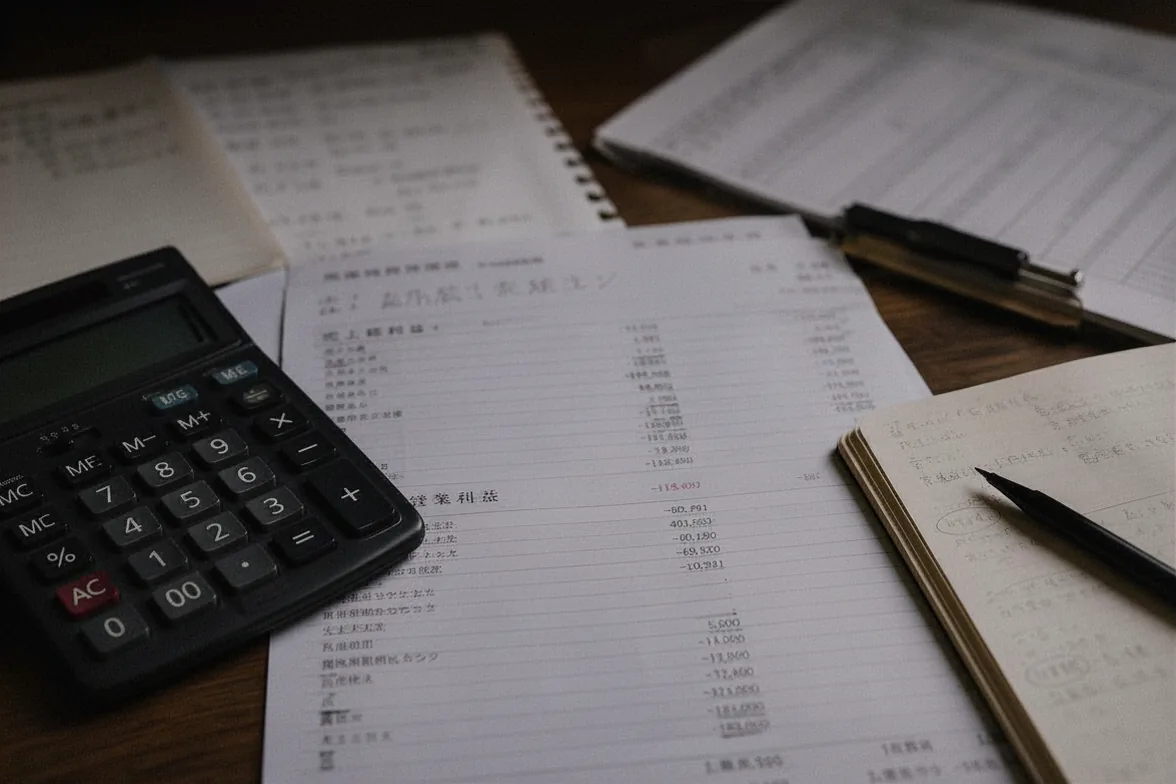 電卓と帳簿で利益を計算する